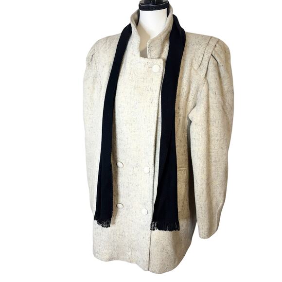 Vintage Mariel Wool Blend Coat 12 Ivory 80s Puff Sleeve Double Breasted USA Made - Picture 2 of 14